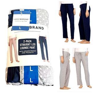 2-pk Lucky Brand Womens L Comfy Straight Leg Lounge PJ Pants Grey Stars/Navy NWT